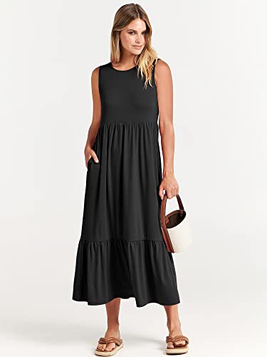 ANRABESS Summer Casual Sleeveless Aline Maxi Sundress for Women Vacation Outfits Flowy Tiered Beach Dress