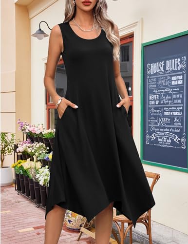 HOTOUCH Women's Casual Summer Dress Sleeveless Sundress Hankerchief Hem Midi Tank Dresses with Pockets for Beach and Va