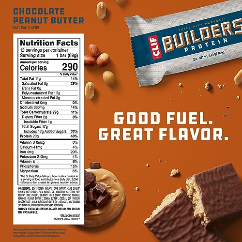 CLIF BUILDERS Protein Bars - Chocolate Peanut Butter Flavor - High Protein & Gluten Free for Athletes - Low Glycemic Sna