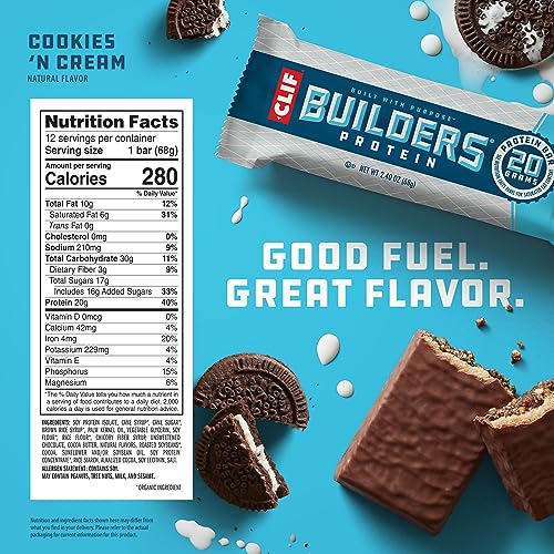 CLIF BUILDERS Protein Bars - Cookies 'n Cream Flavor - 20g Plant Based Protein - Gluten Free - Low Glycemic - No Artific