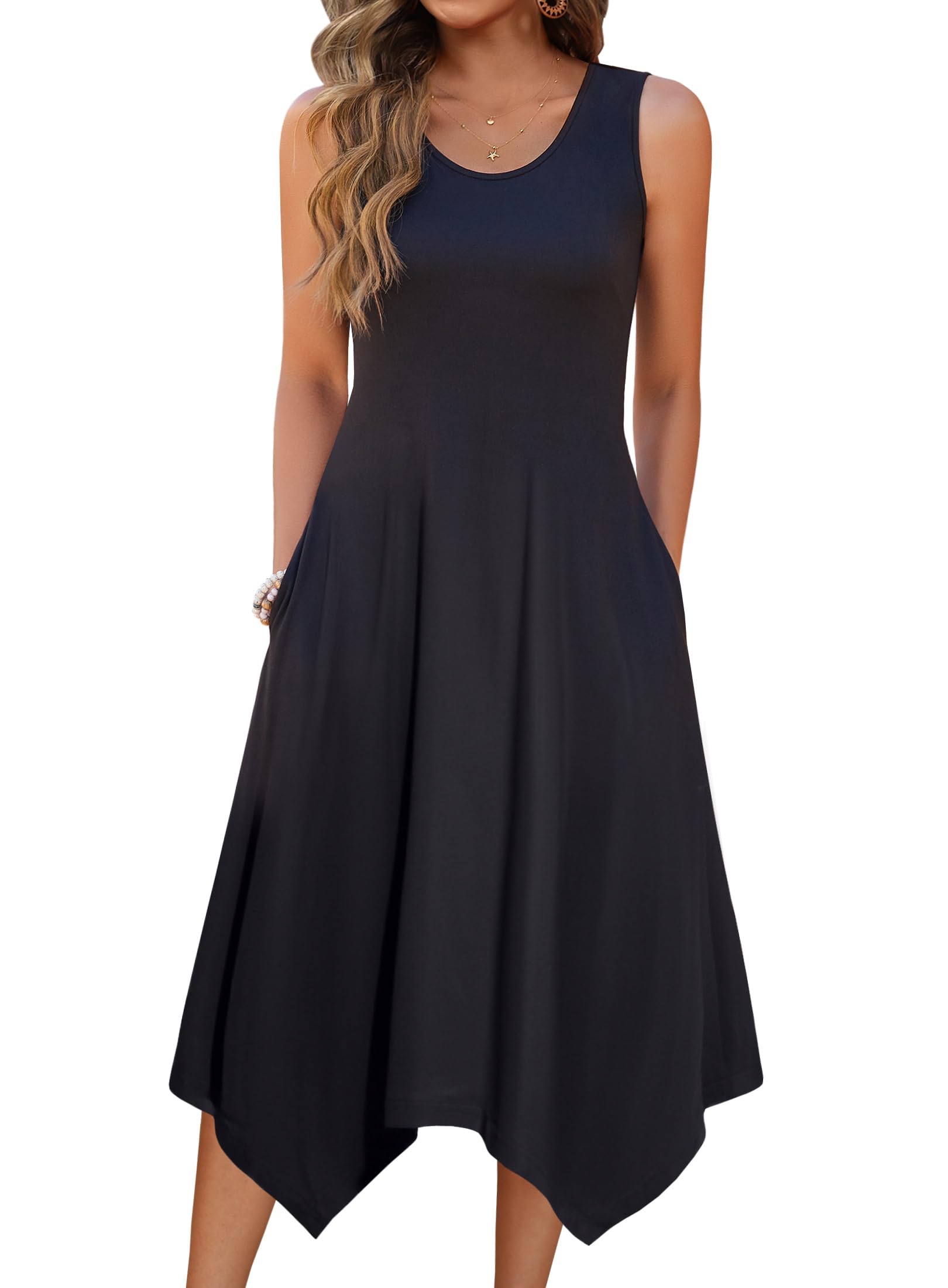 HOTOUCH Women's Casual Summer Dress Sleeveless Sundress Hankerchief Hem Midi Tank Dresses with Pockets for Beach and Va