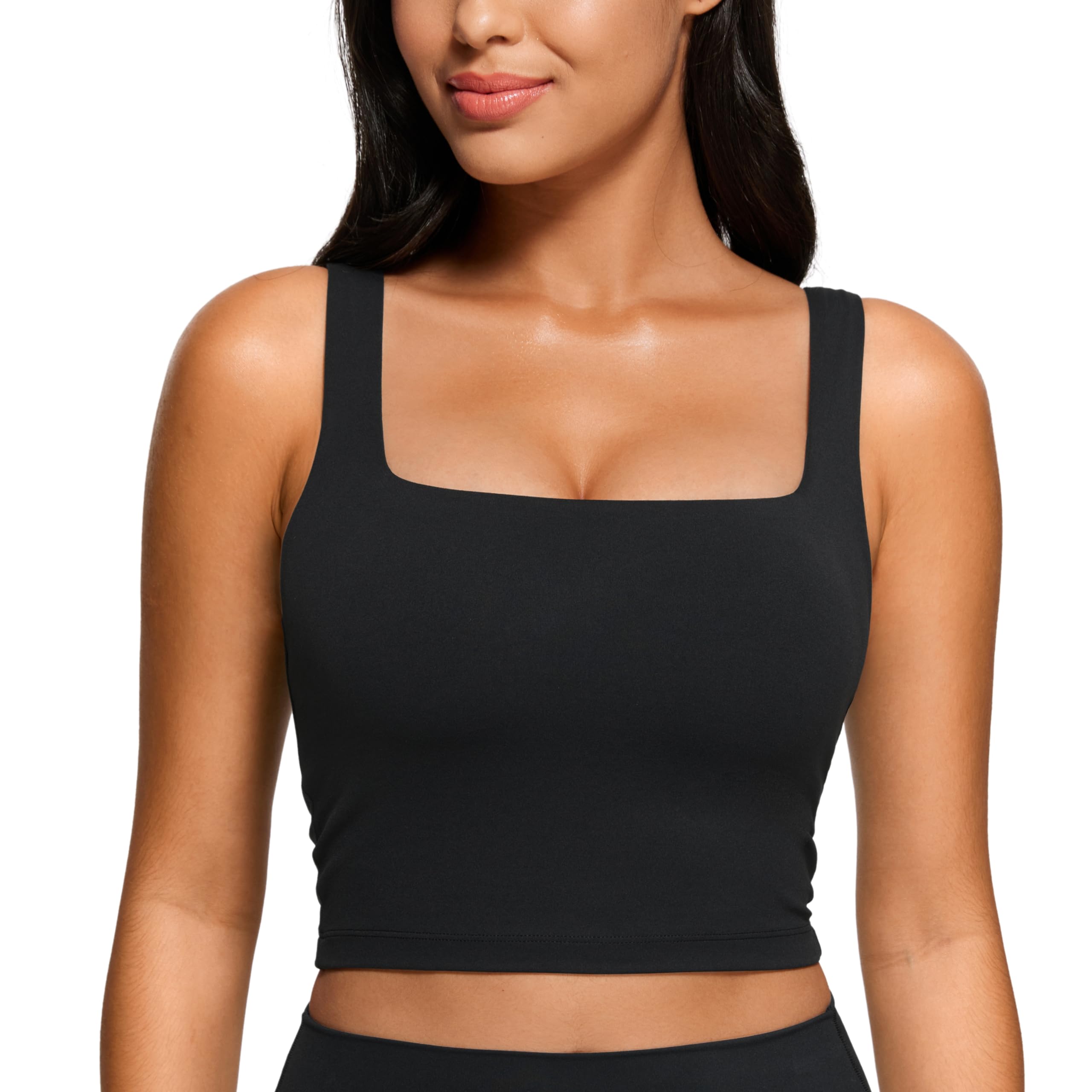 CRZ YOGA Butterluxe Women's Square Neck Longline Sports Bra - Workout Crop Tank Top Padded Yoga Cami with Built-in Pads