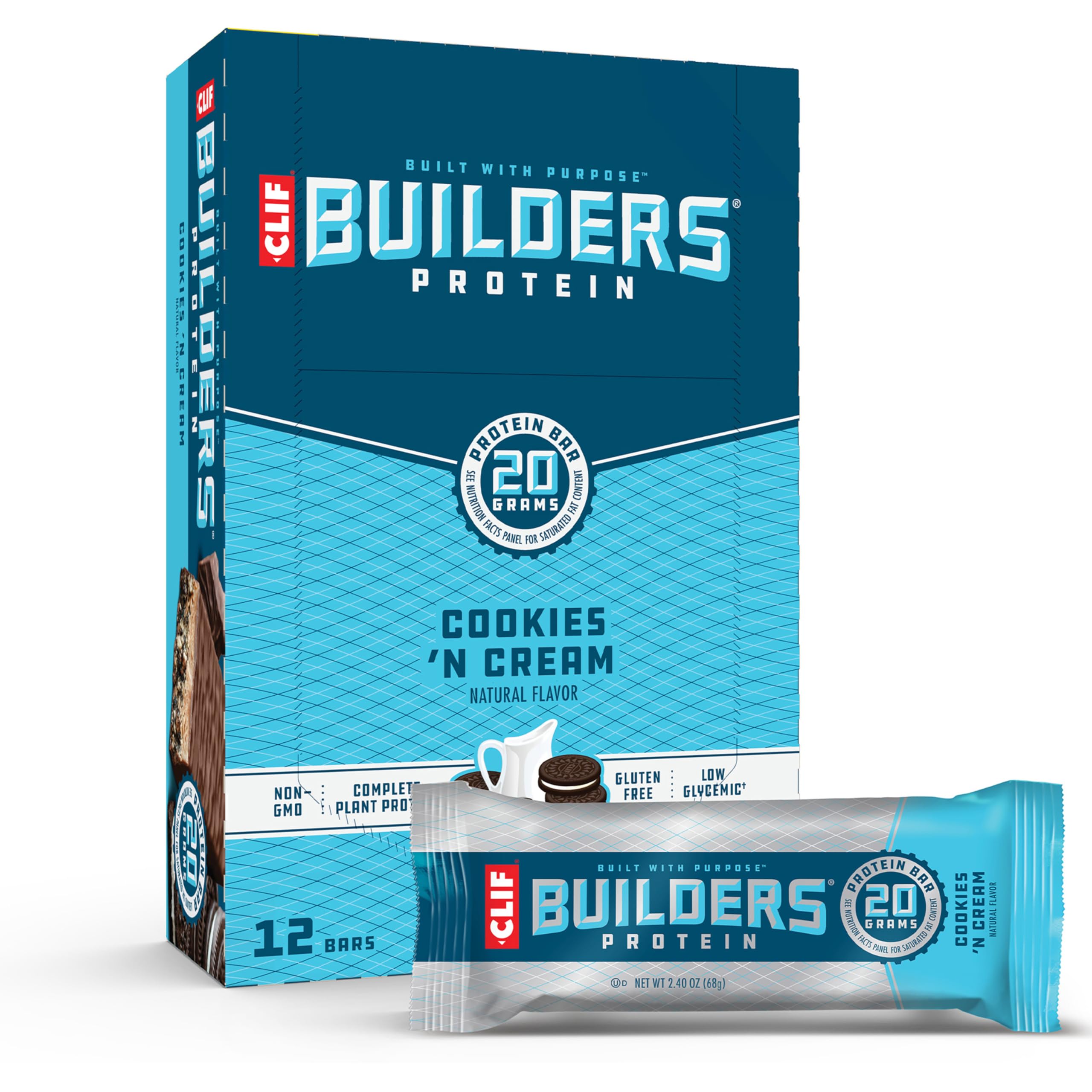 CLIF BUILDERS Protein Bars - Cookies 'n Cream Flavor - 20g Plant Based Protein - Gluten Free - Low Glycemic - No Artific