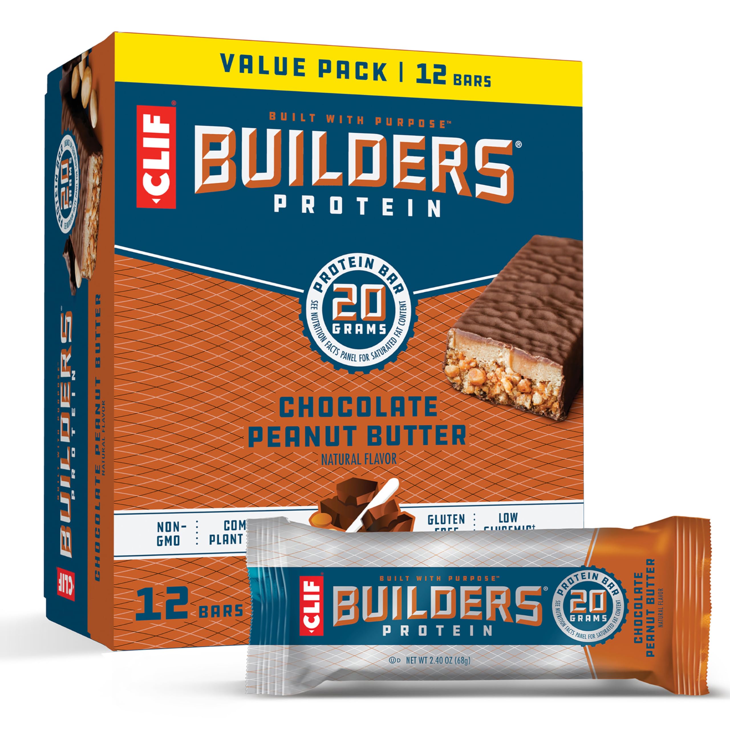 CLIF BUILDERS Protein Bars - Chocolate Peanut Butter Flavor - High Protein & Gluten Free for Athletes - Low Glycemic Sna